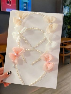 1pc Girls Cute Sweet Pearl Bow Net Hairband, Spring_Summer
